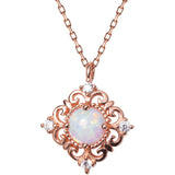 Women's Silver Necklace Pendant Sweet Square Pattern with rose gold chain and decorative opal centerpiece.