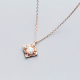 Women's Silver Necklace Pendant Sweet Square Pattern with elegant floral design and opal stone centerpiece