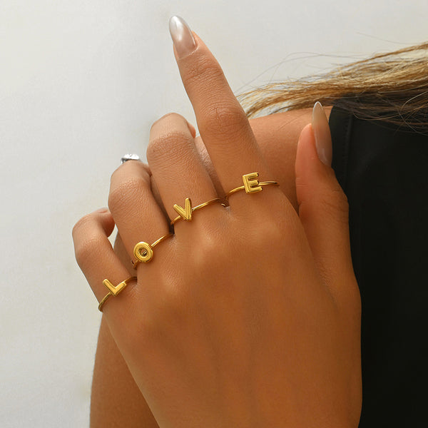 Lxalry 18K Gold Plated Stainless Steel Initial Ring For Women - Adjustable Minimalist Letter A-Z Rings, Personalized Gift Jewelry, Waterproof, Hypoallergenic, Tarnish-Free, Trendy Custom Statement Rin